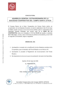 Convocatoria de Asamblea General Extraordinaria de la Cooperativa Santa Leticia